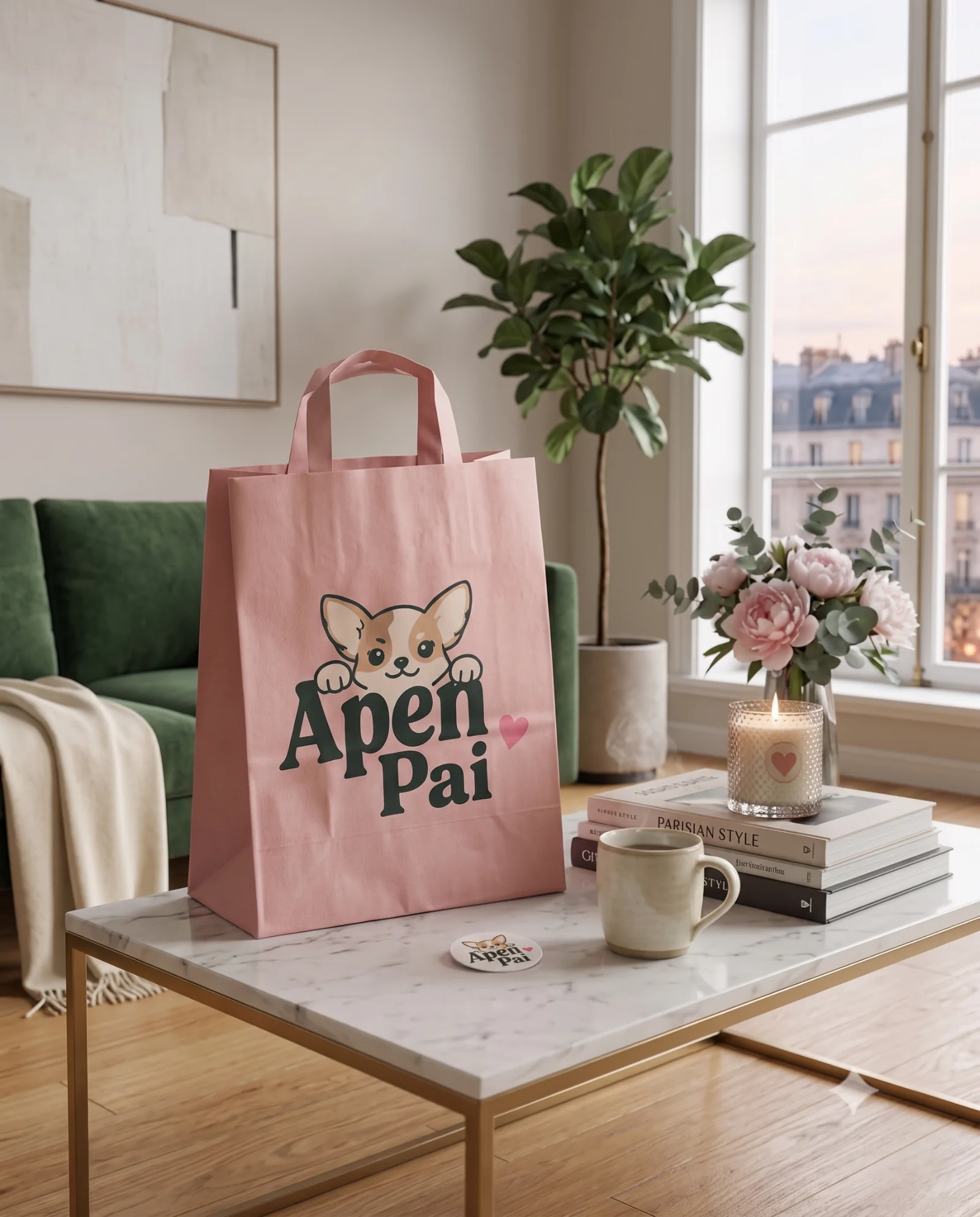 Apen Pai branded pink bag in a clean editorial interior